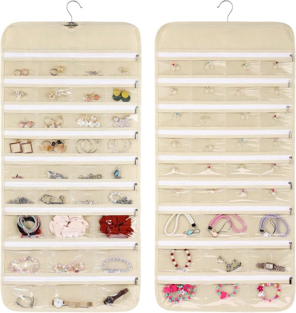 66-Pocket Zippered Double-Sided Beige Hanging Jewellery Organiser